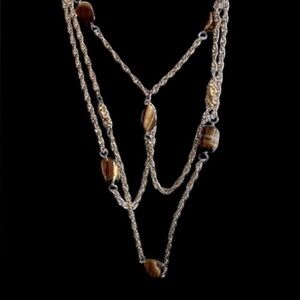 Statement Necklace Gold Tone Triple Row Chain with Smokey Quartz stones, Vintage